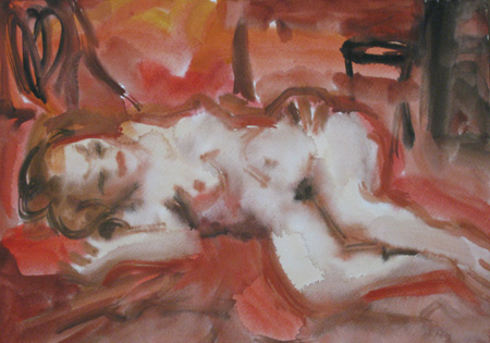 Aquarell Akt liegend rot und schwarz